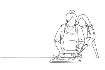 Obraz na płótnie Canvas Single continuous line drawing happy family grandmother mother-in-law and daughter-in-law daughter cook in kitchen, knead dough and bake cookies. Dynamic one line graphic design vector illustration