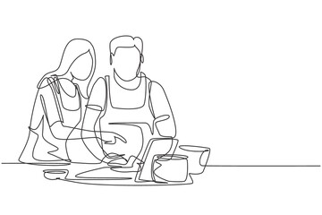 Single one line drawing happy romantic couple cooking together while watching tutorial from tablet. Learn to cook with modern technology. Modern continuous line draw design graphic vector illustration