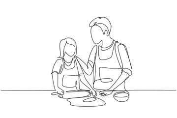 Fototapeta na wymiar Single one line drawing happy father and daughter wearing apron cook in kitchen. Enjoying kneading cake dough or bakery together at home. Modern continuous line draw design graphic vector illustration