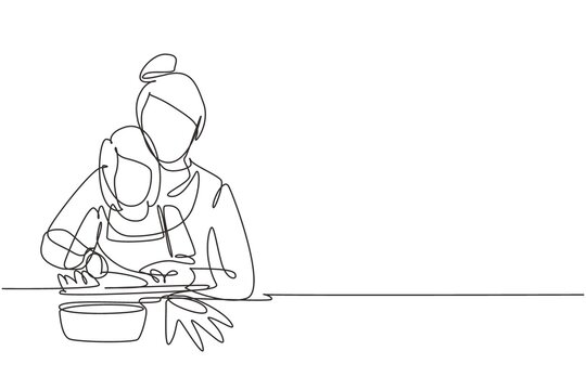 Single continuous line drawing mother teaching her little daughter to cut vegetables and fruit. Healthy food at home. Happy family in kitchen. Dynamic one line draw graphic design vector illustration