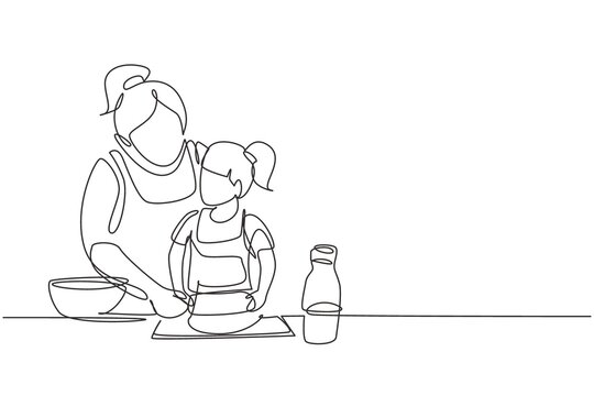 Single continuous line drawing beautiful young mom and her cute little daughter are playing and smiling while baking in kitchen at home. Dynamic one line draw graphic design vector illustration
