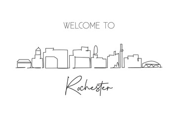 Continuous one line drawing Rochester city skyline, Minnesota. Beautiful landmark. World landscape tourism travel wall decor poster print art. Stylish single line draw design vector illustration