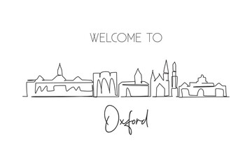 Obraz premium Single one line drawing Oxford city skyline, Ohio. World historical town landscape. Best holiday destination postcard print. Editable stroke trendy continuous line draw design vector illustration