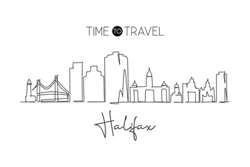 Naklejka premium Continuous one line drawing Halifax city skyline, Nova Scotia Canada. Beautiful landmark. World landscape tourism travel wall decor poster print. Stylish single line draw design vector illustration