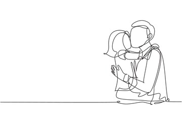Single continuous line drawing sweet little girl is hugging and kissing her handsome daddy in cheek while sitting on bed at home. Fathers day. Dynamic one line draw graphic design vector illustration