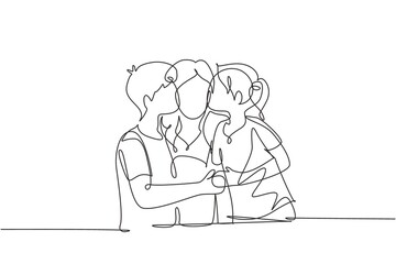 Single one line drawing portrait of children kissing their mother. Mothers day concept. Family holiday. Love of children with their mother. Continuous line draw design graphic vector illustration