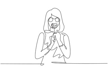 Single one line drawing portrait cool young woman with heart shaped lollipop blowing red lips sending sweet air kiss wearing sunglasses. Modern continuous line draw design graphic vector illustration