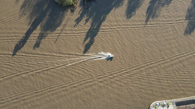 Maneuvering Amazon River channel in South America. Aerial top down view.