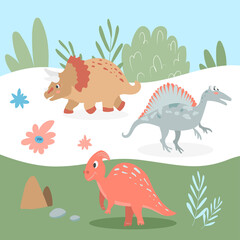 Set of cute carnivorous and herbivorous dinosaurs on the background of nature. Vector illustration in cartoon style for kids