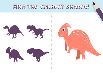 Find the correct shadow. Cute dinosaur. Educational game for kids. Collection of children's games. Vector illustration in cartoon style