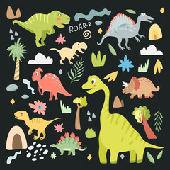 Set of cute carnivorous and herbivorous dinosaurs isolated on dark background. Vector illustration in cartoon style for kids