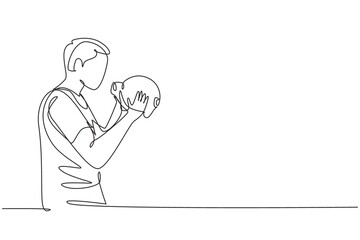 Single one line drawing handsome young male holding and kissing piggy bank. Wealth symbol and saving campaign concept for teenager. Modern continuous line draw design graphic vector illustration