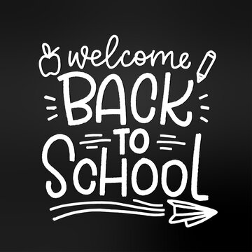 Welcome back to school vector lettering graphic with chalkboard background, apple, pencil and paper plane clipart for kids, elementary school students.