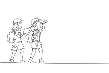 Fototapeta na wymiar Continuous one line drawing scout boy and girl with binoculars and map. Children scout adventure camping concept. Hiking recreational tourism group. Single line draw design vector graphic illustration