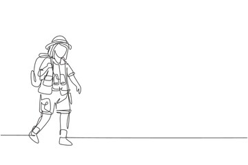 Continuous one line drawing girl wearing safari outfit complete with hat carrying bag and draping binoculars. Little adventurer learns about nature. Single line draw design vector graphic illustration