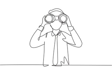 Single continuous line drawing young businessman looking through binoculars searching for job. Find all opportunities in the world of suitable jobs. One line draw graphic design vector illustration