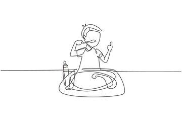 Single continuous line drawing boy brushing his teeth with thumbs up gesture. Routine habits for cleanliness, health, freshness of mouth and teeth. One line draw graphic design vector illustration
