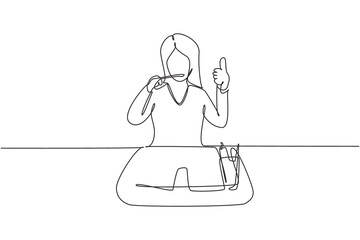 Continuous one line drawing woman brushing her teeth with thumbs up gesture. Routine habits for cleanliness, health, freshness of mouth and teeth. Single line draw design vector graphic illustration