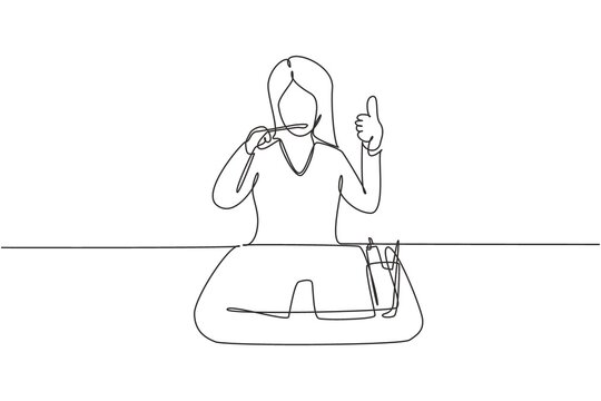 recommend clip art: Continuous one line drawing woman brushing her teeth with thumbs up gesture. Routine habits for cleanliness, health, freshness of mouth and teeth. Single line draw design vector graphic illustration