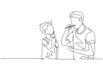 Single one line drawing father teaching his son teeth brushing in bathroom. Routine habits for cleanliness and health of mouth and teeth. Modern continuous line draw design graphic vector illustration