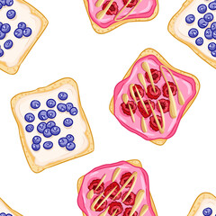 Toast bread sandwiches comic style seamless border pattern. Sandwiches with berries blueberries and raspberries wallpaper. Breakfast food background texture tile