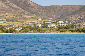 Fototapeta premium Paros island, Greece - June 2017: Beautiful seascape view cruising around Paros island. Panoramic summer scenery in Greece at Paros, Cyclades, Greece