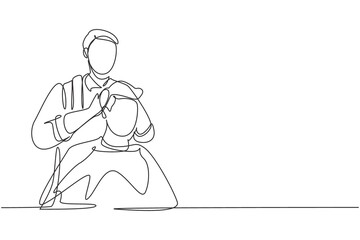 Single continuous line drawing attractive classy dressed barber shop hairdresser is turning client`s head to present his work for him. Hairdo looks trendy and so perfect. Dynamic one line draw graphic
