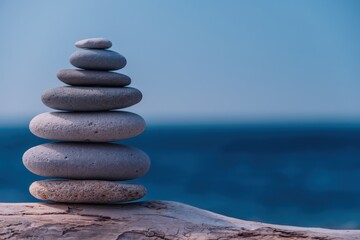 Pyramid stones on the seashore on a sunny day on the blue sea background. Happy holidays. Pebble beach, calm sea, travel destination. Concept of happy vacation on the sea, meditation, spa, calmness.