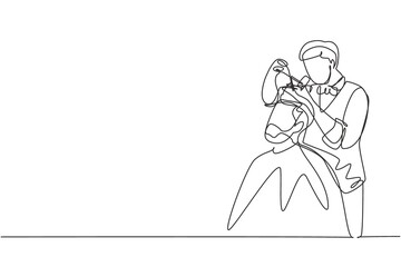 Single continuous line drawing handsome bearded man is looking forward while having his hair cut by hairdresser at barbershop. Grooming of real man. One line draw graphic design vector illustration