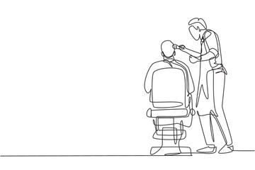 Continuous one line drawing rear view shot of handsome hairdresser cutting hair of young male client. Hairstylist serving client at barber shop. Single line draw design vector graphic illustration
