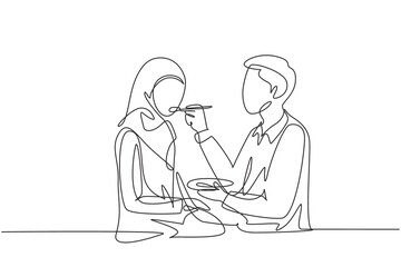 Continuous one line drawing romantic Arabian male feeds his wife. Happy young couple dinner together at restaurant. Celebrate wedding anniversaries. Single line draw design vector graphic illustration