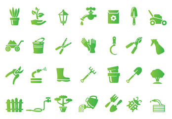 Set of garden icons in green gradient. Growing seedlings plant shoots. Agriculture and gardener. Biotechnology plants. Sowing seeds. Flower and Gardening elements.