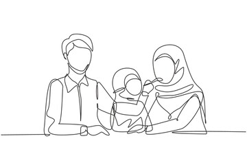 Single continuous line drawing Arab family having fun together in modern restaurant. Daughter feeds her mother with love. Happy little family concept. One line draw graphic design vector illustration