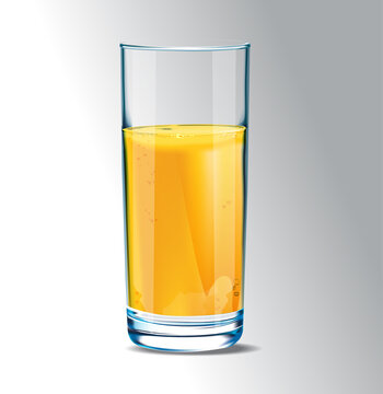 Yellow tropical fruit  juice in a transparent glass. Healthy diet food concept. Fruit organic drink. Healthy diet. Clean eating. Tall glass with beverage. Transparent realistic vector illustration.