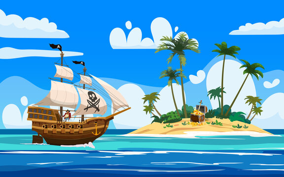Pirate ship naval armed n ocean, Tropical Island, treasure cheast, tropical, palms. Sea landscape coast, beach, sand, adventure, game. Vector illustration