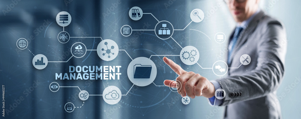 Poster document management data system business technology concept. dms on virtual screen