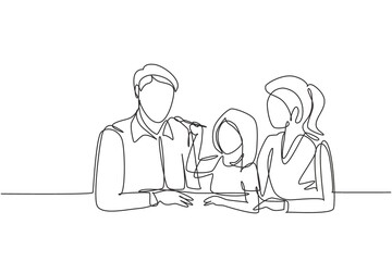Single continuous line drawing young family having fun together in modern restaurant. Daughter feeds her father with love. Happy little family concept. One line draw graphic design vector illustration