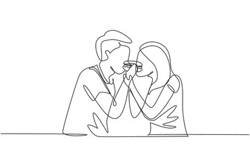 Single one line drawing young beautiful couple sharing hamburger. Celebrate wedding anniversaries and enjoy romantic lunch at restaurant. Modern continuous line draw design graphic vector illustration - obrazy, fototapety, plakaty