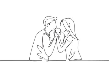 Single one line drawing young beautiful couple sharing apple. Celebrate wedding anniversaries and enjoy romantic lunch at restaurant. Modern continuous line draw design graphic vector illustration