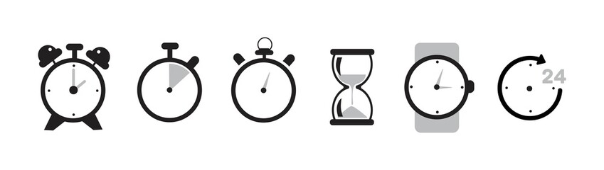 Set of monochrome clocks alarm clocks and stopwatches vector icon isolated on white background. Flat style illustration.