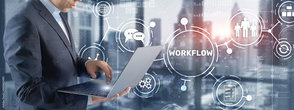 Poster workflow repeatability systematization buisness process. business technology internet