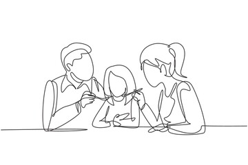 Continuous one line drawing young family having fun together in restaurant. Parents feeds they daughter with love. Happy little family concept. Single line draw design vector graphic illustration