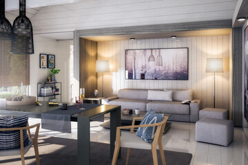 Modern Furnishings Inside an Attic Designed in White Wood - 3D Visualization