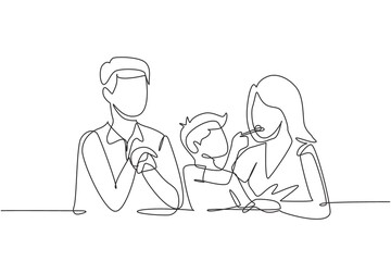 Single one line drawing young family having fun together in modern restaurant. Boy feeds his mother with love. Happy little family concept. Continuous line draw design graphic vector illustration