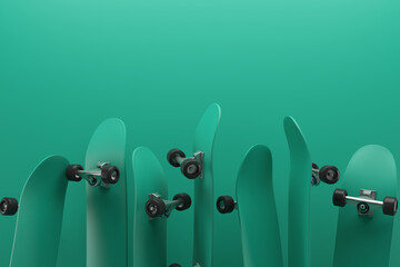 Green skateboard on green background, solid background, flat background with extreme lifestyle. 3D rendering.