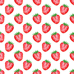 Watercolor hand drawn sketch red strawberry berry slice seamless pattern texture on white background
