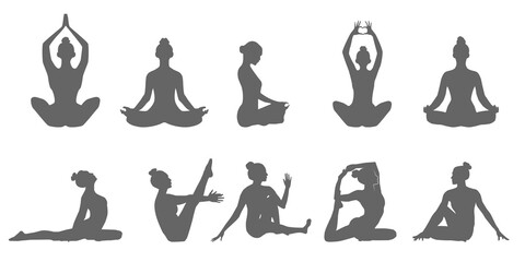 Set of black yoga pose icons, Yoga woman silhouette illustration. Yoga poses silhouette collection. Vector illustration. - obrazy, fototapety, plakaty