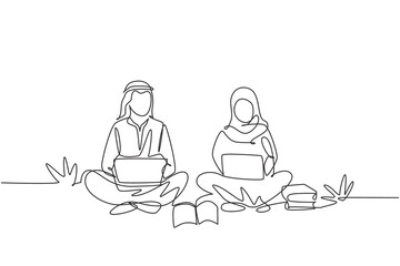 Continuous one line drawing Arabian couple with laptop sitting at the park together. Freelance, distance learning, online courses, studying concept. Single line draw design vector graphic illustration
