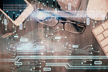 Multi exposure of technology theme drawing over work table desktop. Top view. Global data analysis concept.