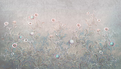 Floral light gray and blue  ornament for interior. Background with flowering plants. Floral pattern of intertwining plants. Blooming meadow for photo wallpaper